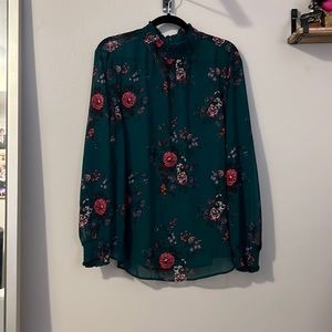 Torrid Size 1 Green Floral Sheer Chiffon Smocked Mock Neck Blouse